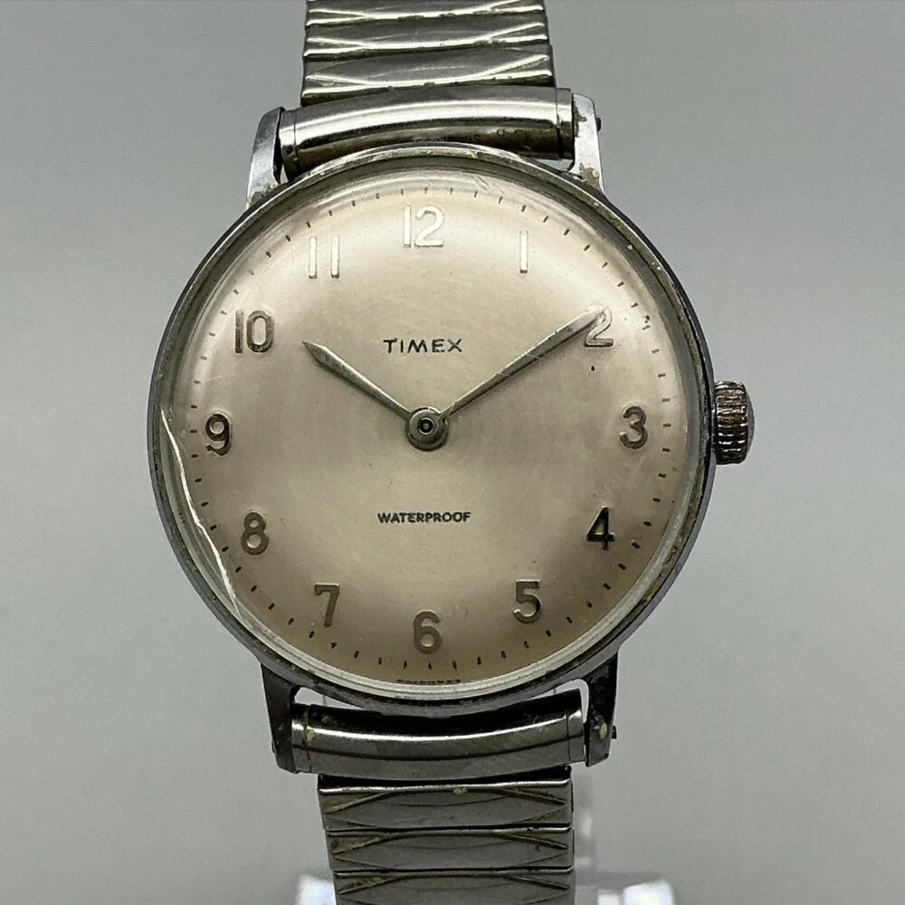 Vintage Timex Marlin Mens Watch 33mm Cracked Crystal Silver Tone Manual Wind